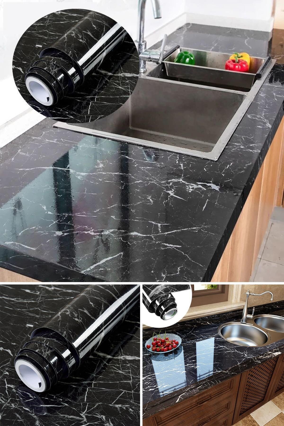 Siyah Yapışkanlı Kaplama Kağıdı Mermer Desenli 1 Metre