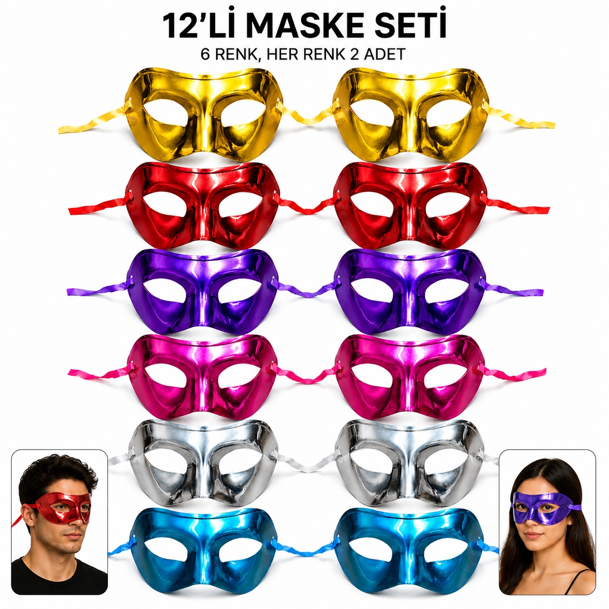 12amp;#39;li Metalik Venedik Toptan Parti Maskesi Seti – 6 Renk Karışık