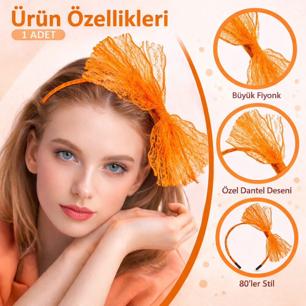 80’ler 90’lar Neon Turuncu Dantel Taç Fiyonklu - görsel 2