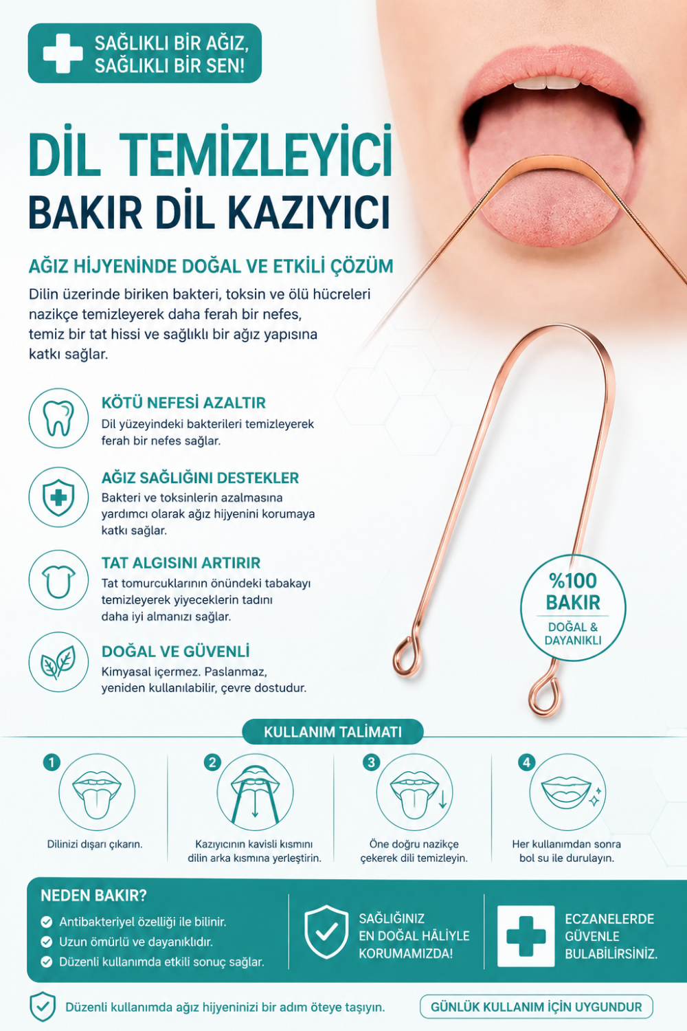 NORDMENDE Bakır Dil Temizleme Aparatı – Dil Temizleyici – Ağız Bakım Aparatı – Dil Kazıyıcı – Metal Dil Temizleme Ekipma