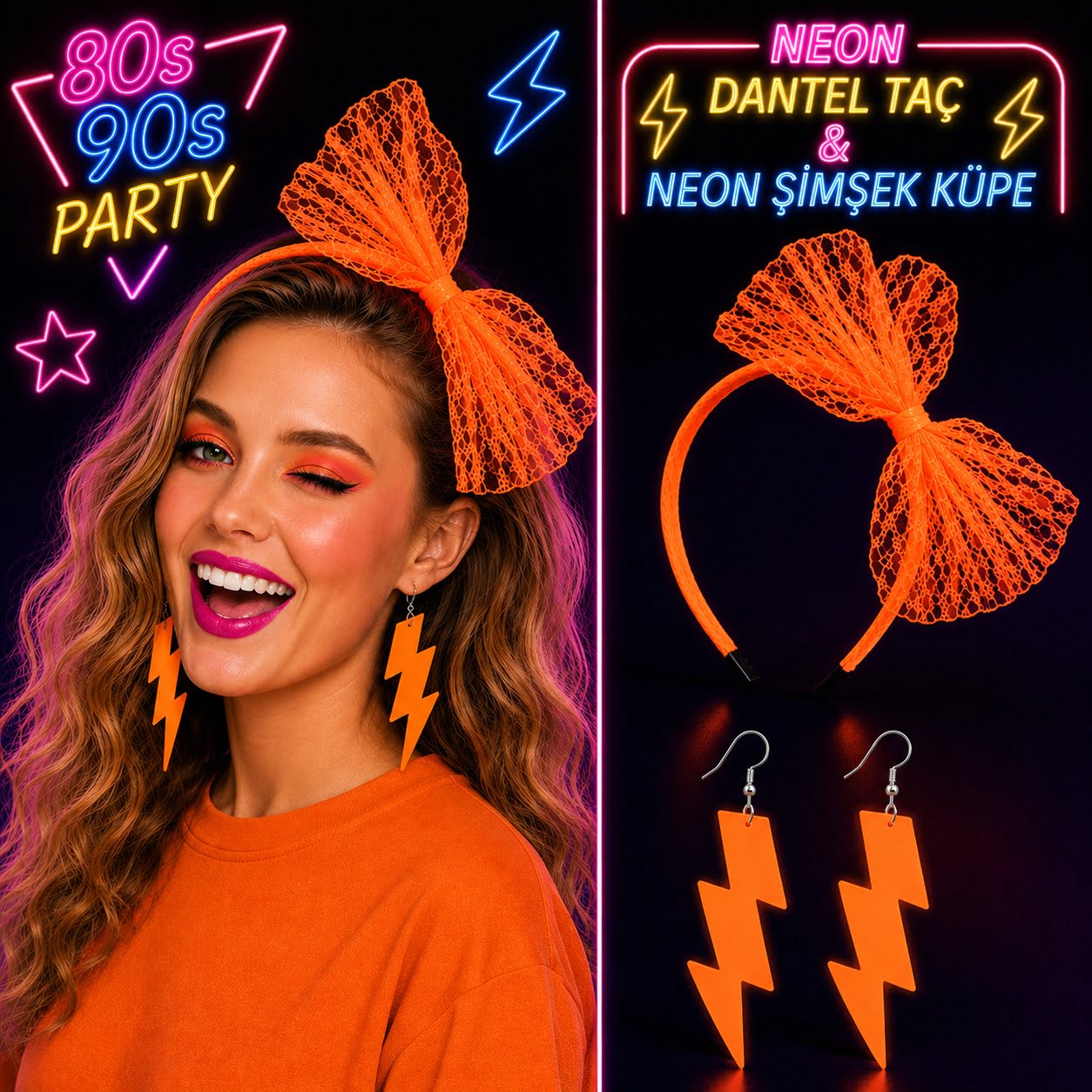 Neon Turuncu Dantel Taç ve Şimşek Küpe 80amp;#39;ler 90amp;#39;lar Parti Seti