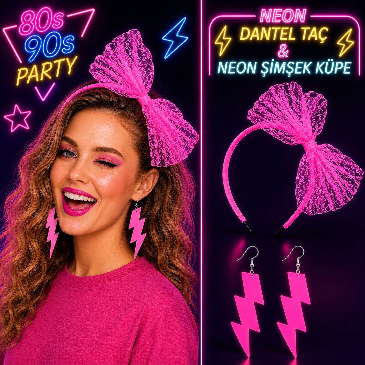 Neon Pembe Dantel Taç ve Şimşek Küpe 80amp;#39;ler 90amp;#39;lar Parti Seti