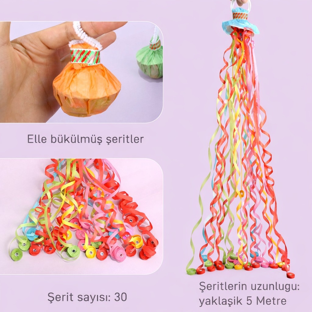 30 Şeritli Renkli Elle Atılan Konfeti – 5 Metre Uzayan Şerit Konfeti 1 Adet - görsel 2