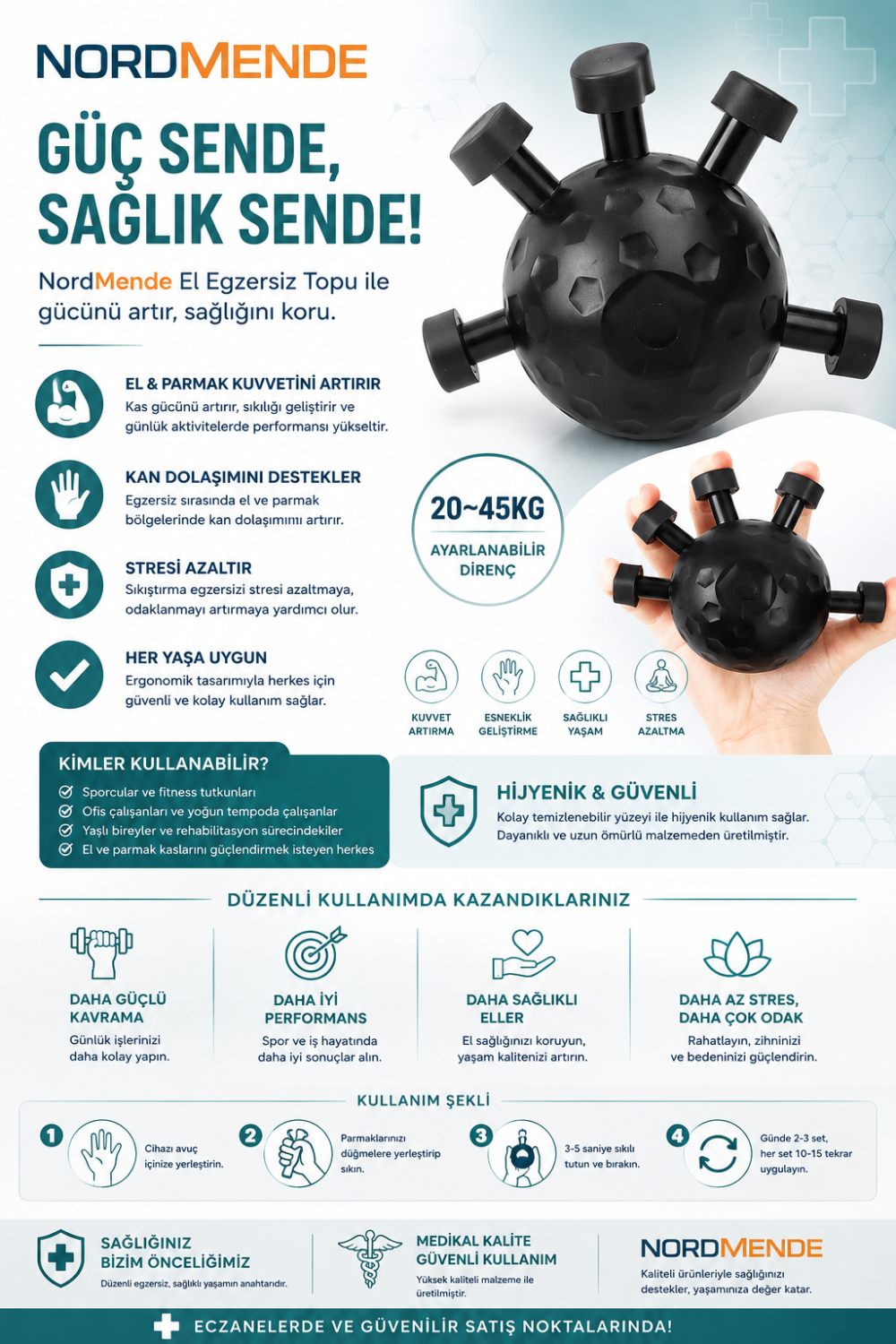 NORDMENDE Gripball Bilek ve Parmak Güçlendirme Topu – El Egzersiz Topu – Kavrama Gücü Antrenman Topu – El Bilek Parmak E